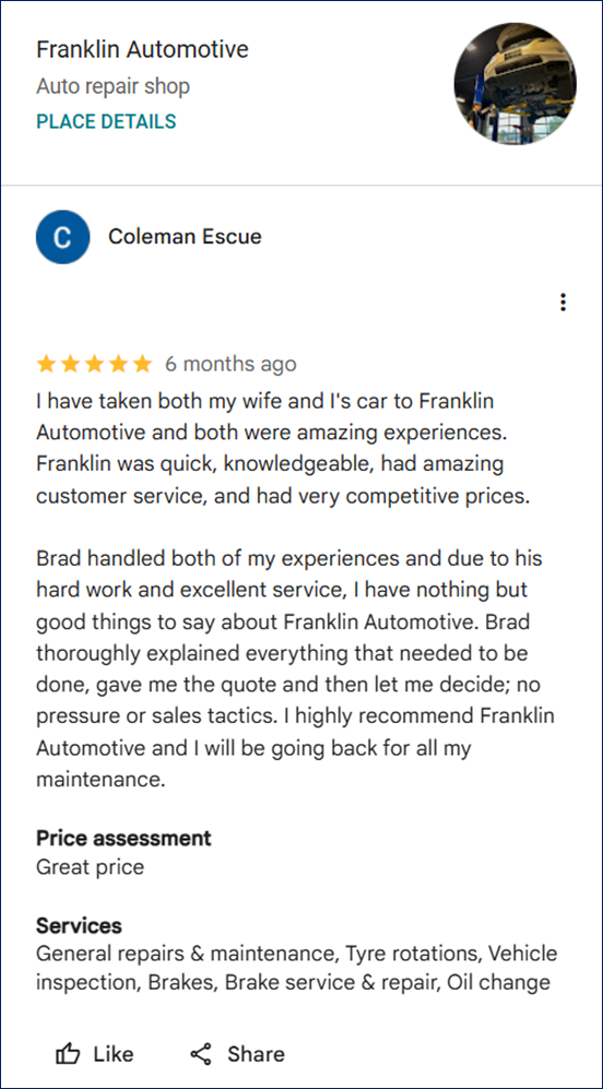 Review of Franklin Automotive By Coleman Escue